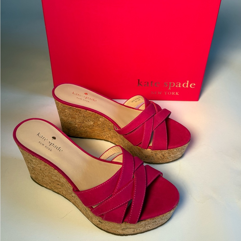 Kate Spade Talcott Pink Suede Cork Wedge Sandals Crisscross Platform NIB Size 7 - Picture 11 of 14